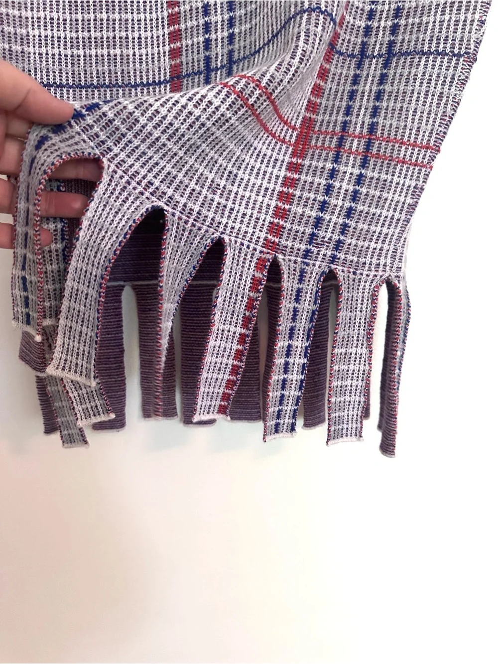 RHIÉ Merino Wool Fringe-Hem Plaid Pencil Skirt in Red Blue and Black Size Medium